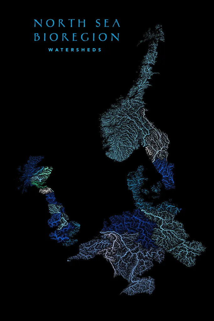 All riversheds and coastal watersheds that stream into the North sea in varying shades on blue per catchment